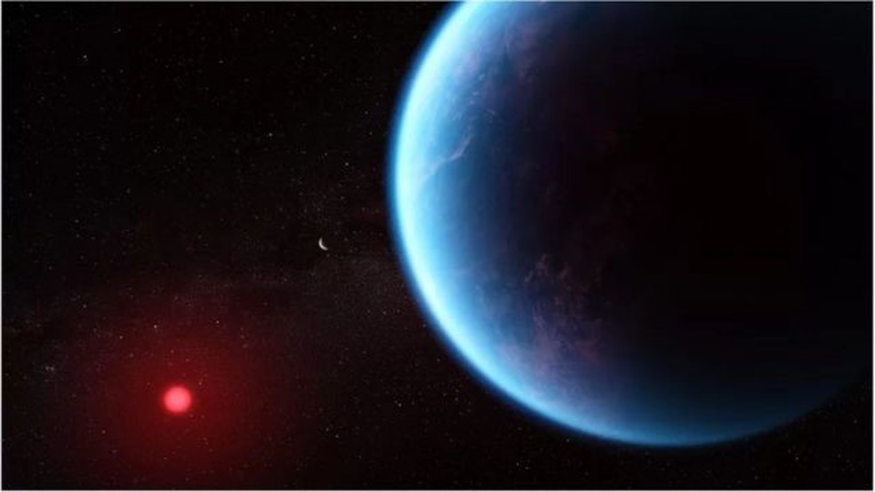 O K2-18 b orbita uma pequena estrela fria mostrada em vermelho, longe o suficiente para que sua temperatura suporte vida. — Foto: NASA via BBC