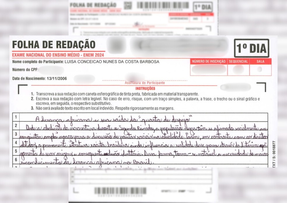 Na imagem, trecho da redação de estudante que recebeu nota 980 na edição passada do Enem. — Foto: Reprodução/Luísa Barbosa