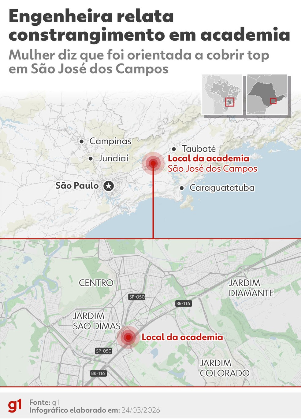 Infogr�fico - Local onde aluna de academia relatou constrangimento por uso de top fica em S�o Jos� dos Campos. � Foto: Arte/g1
