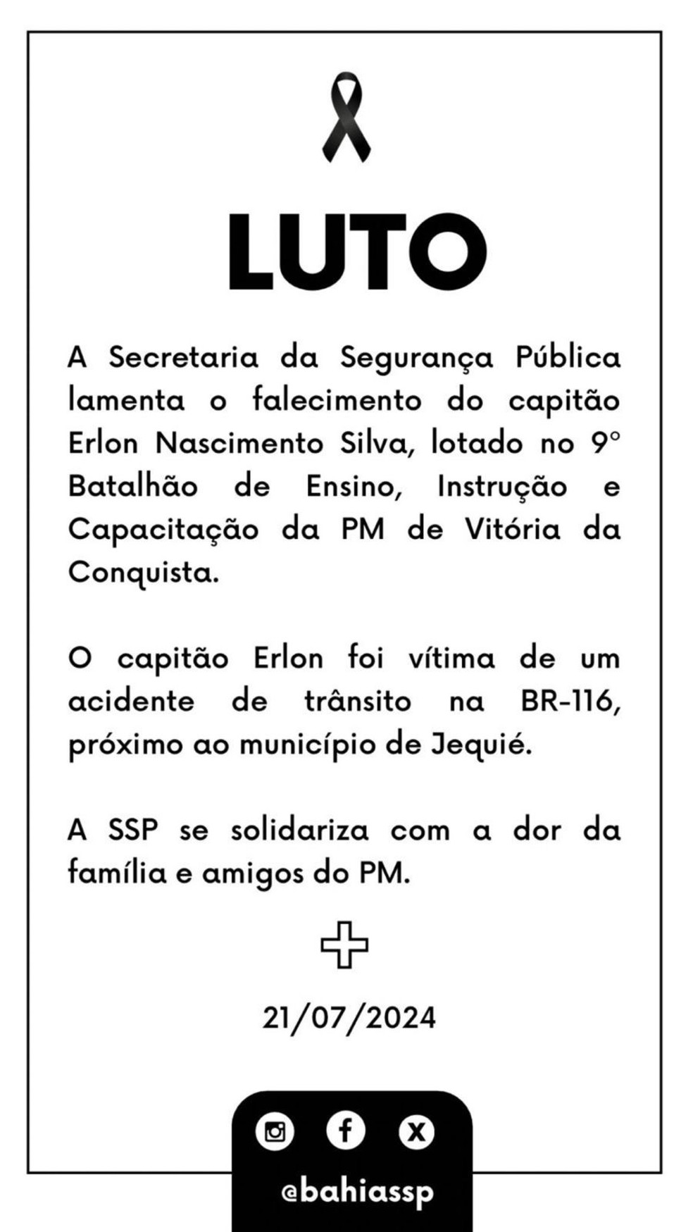 Nota de pesar da SSP — Foto: Divulgação/SSP