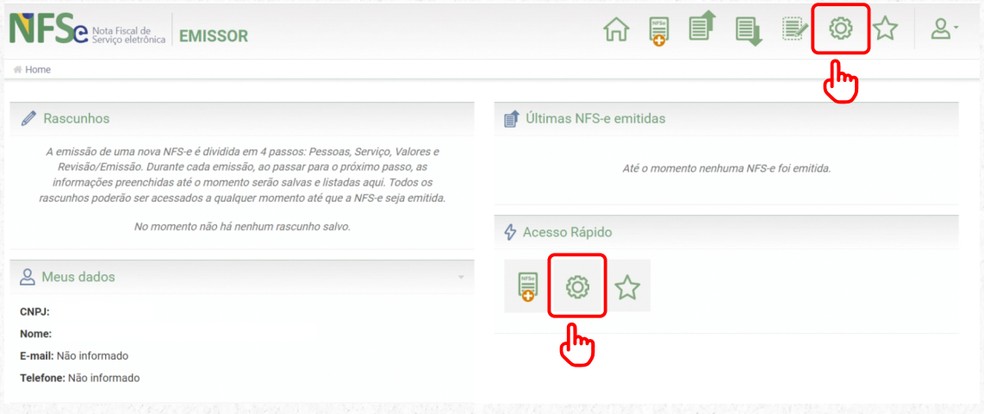 É preciso clicar no ícone das configurações antes de emitir a NFS-e nacional — Foto: Sebrae/Divulgação