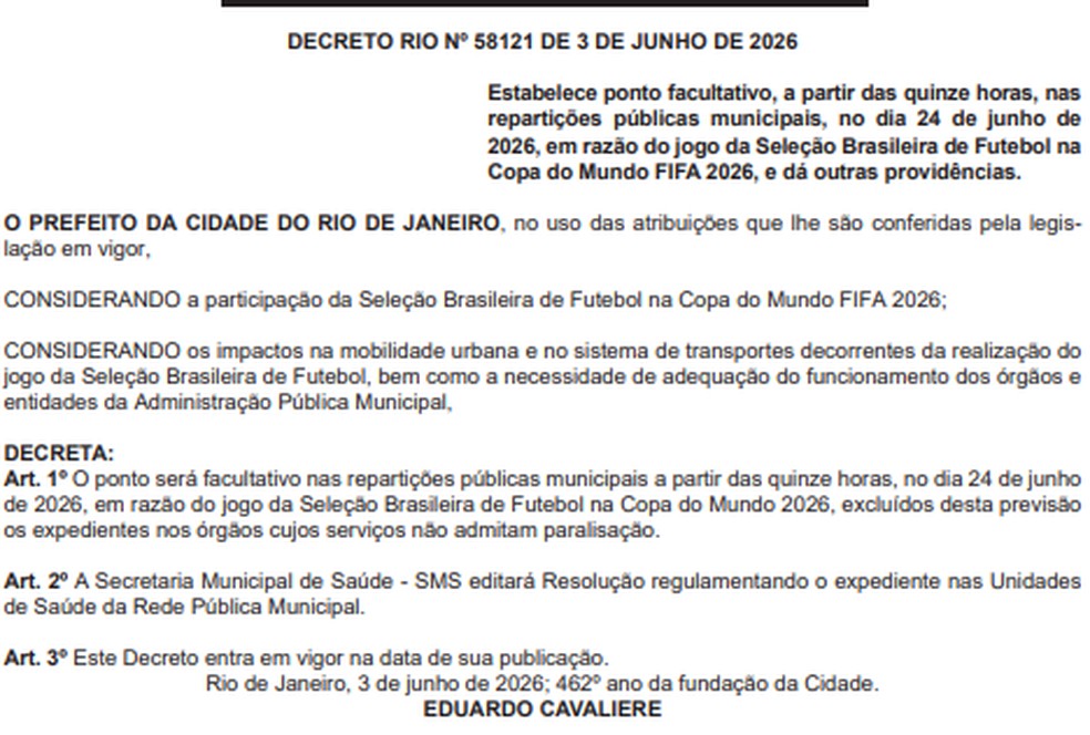 Rio terá ponto facultativo por causa de Copa — Foto: Reprodução