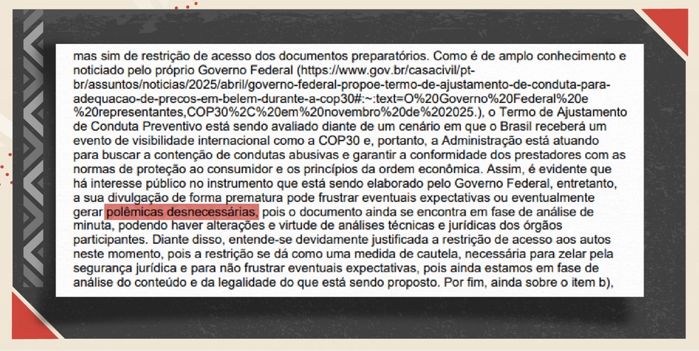 'Polêmicas desnecessárias': Trecho de pedido de Lei de Acesso a Informação (LAI) mostra resposta do Ministério do Turismo sobre TAC. — Foto: Arte/g1 - Otavio Camargo