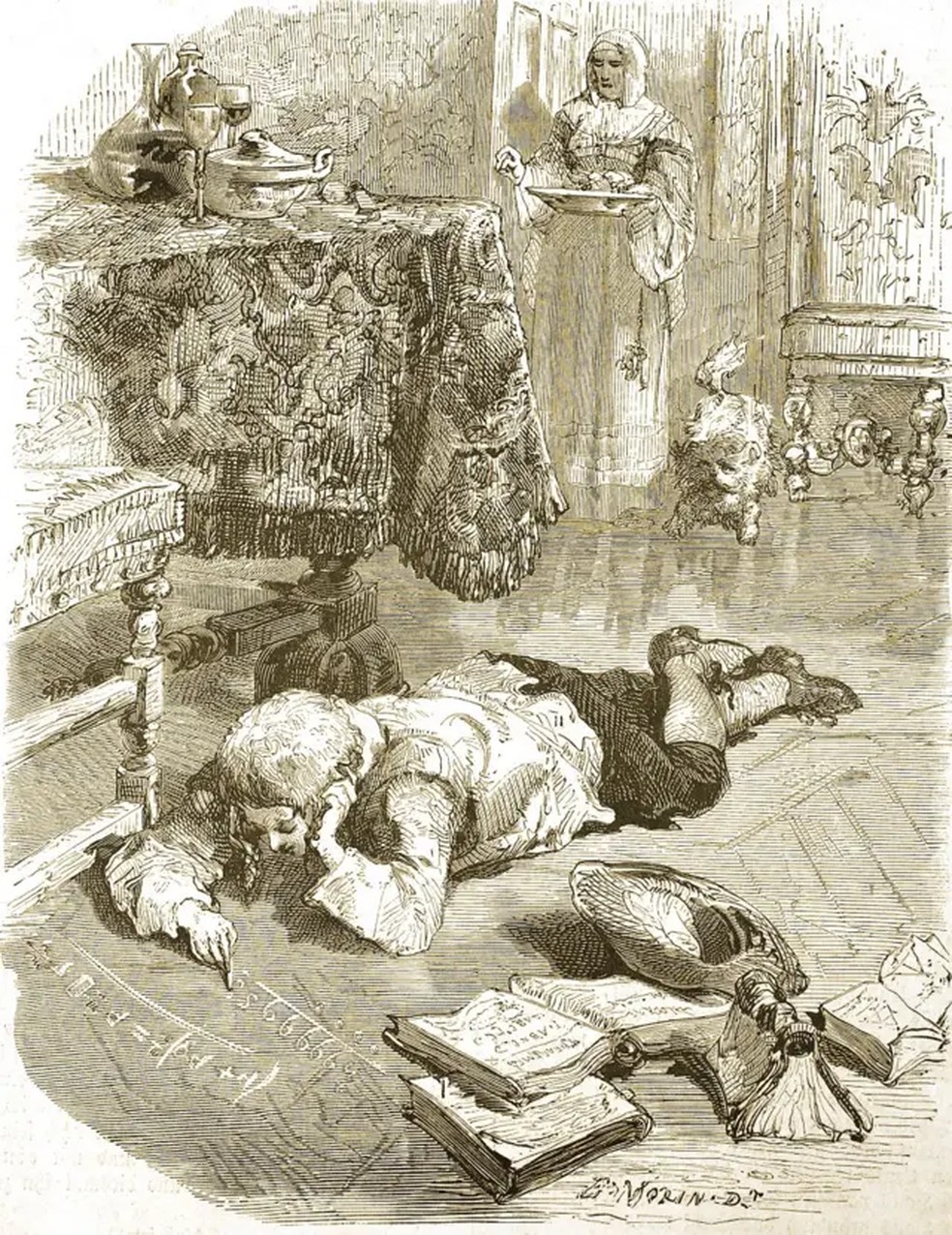 Reprodução histórica digitalmente restaurada de um original do século 19, mostrando Blaise Pascal aos doze anos estudando matemática — Foto: Getty Images/BBC