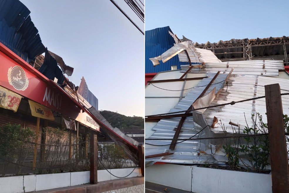 Ventania na Baixada Santista derrubou o telhado de um mercado em Mongaguá (SP). — Foto: Arquivo Pessoal/Valter Silva