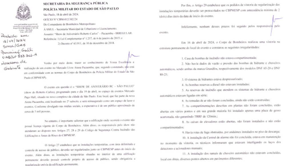 Documento dos Bombeiros protocolado na SMUL, da Prefeitura de SP.  Foto: Reproduo