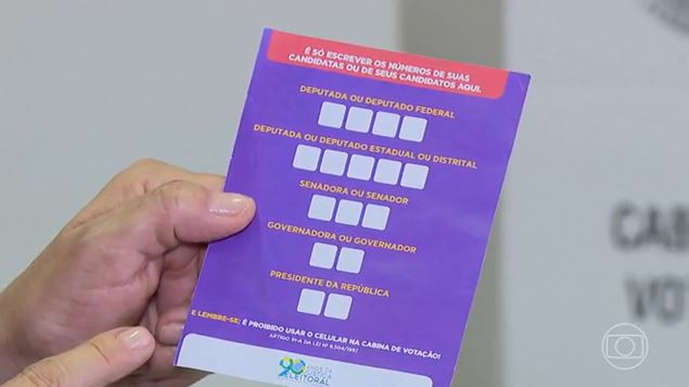 Modelo da Justiça Eleitoral de 'colinha', para que o eleitor tenha os números e nomes dos candidatos em que quer votar — Foto: Reprodução/TV Globo