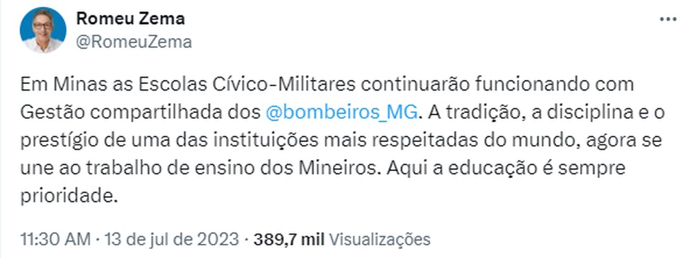 Romeu Zema (NOVO), governado de Minas Gerais, anunciou que o programa de escolas cívico-militares continua no estado mesmo após fim do programa anunciado por Lula — Foto: Reprodução/Twitter