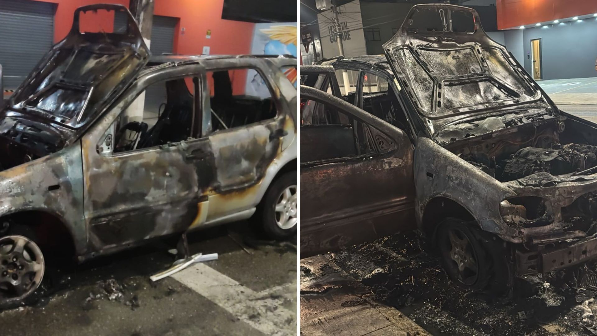 Carro pega fogo e fica completamente destruído no litoral de SP; VÍDEO