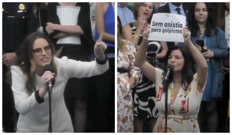 Vereadoras Zoe Martinez (PL) e Silvia Ferraro (PSOL) polemizam na posse na Câmara Municipal de SP nesta quarta (1°). — Foto: Reprodução/TV Câmara