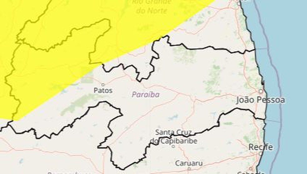 Inmet emite alerta de perigo potencial de chuvas intensas para 56 cidades da PB — Foto: Inmet/Reprodução