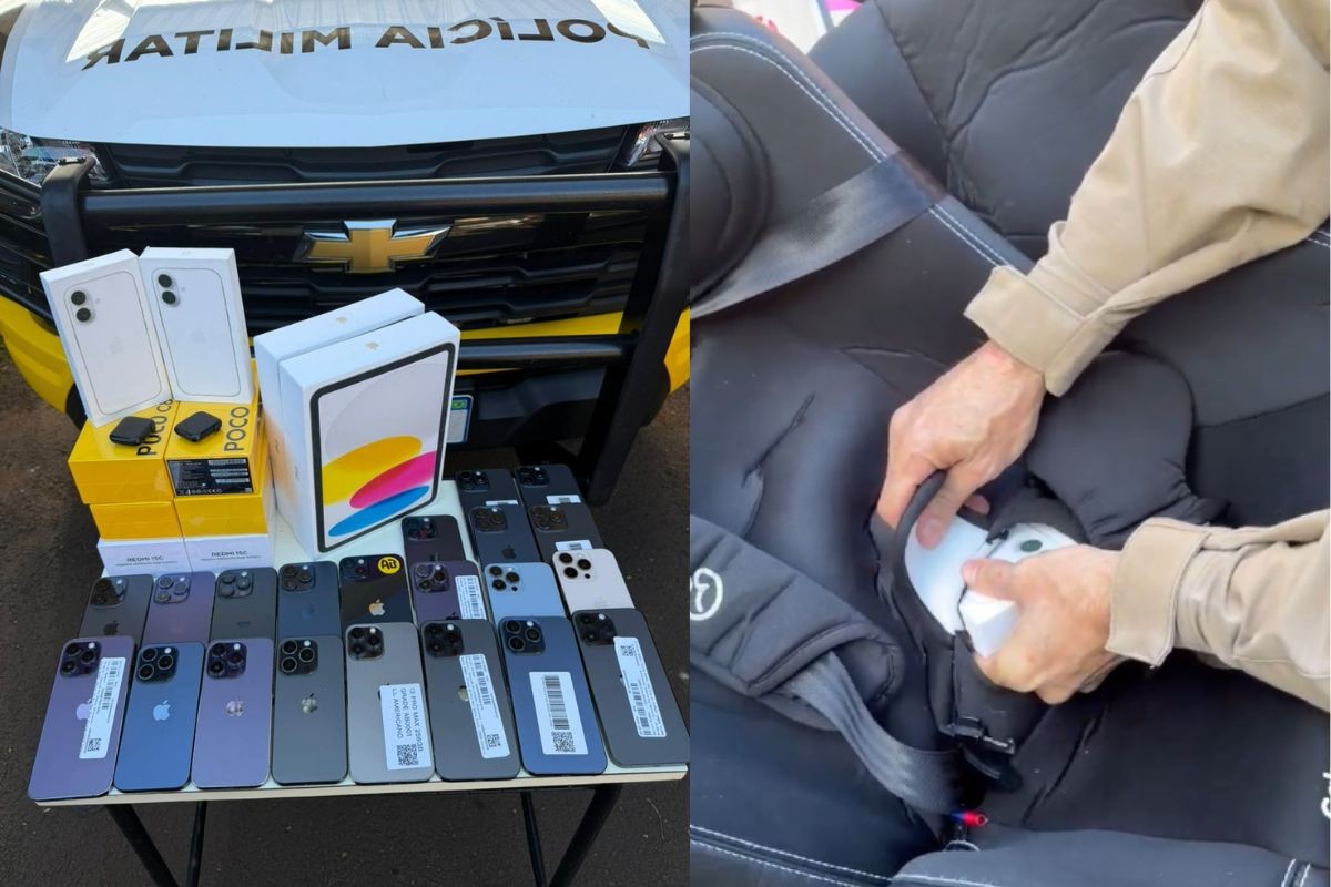 Carro de casal é abordado pela polícia do PR e iPhones são achados escondidos na cadeirinha onde filho deles estava e em bagagens da criança