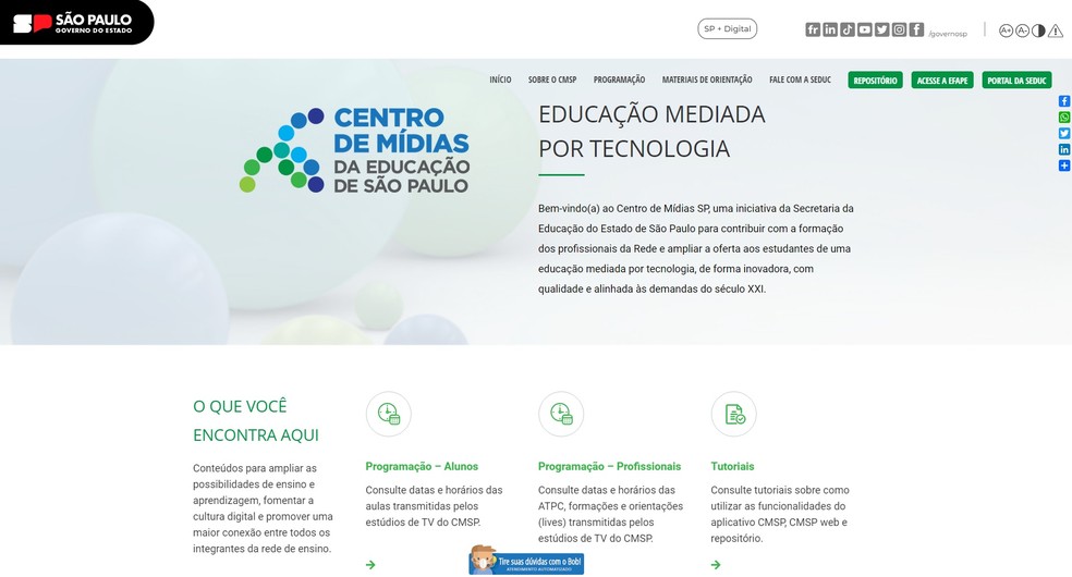 Site do Centro de Mídias da Educação da Secretaria da Educação de São Paulo — Foto: Reprodução