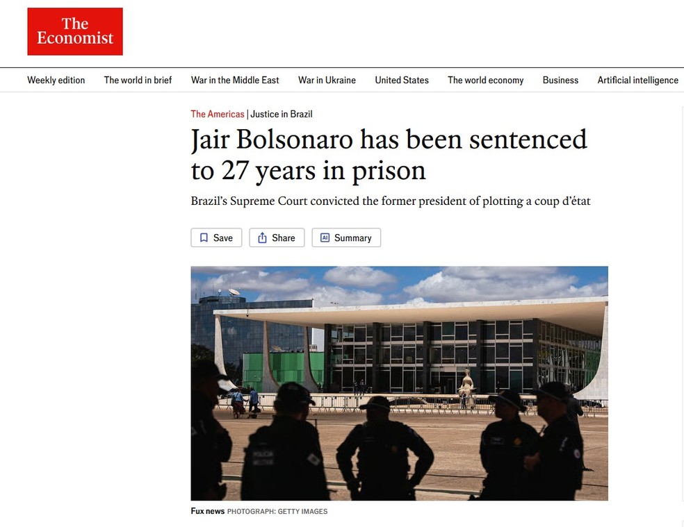 The Economist repercute a condenação de Bolsonaro. — Foto: Reprodução/ The Economist
