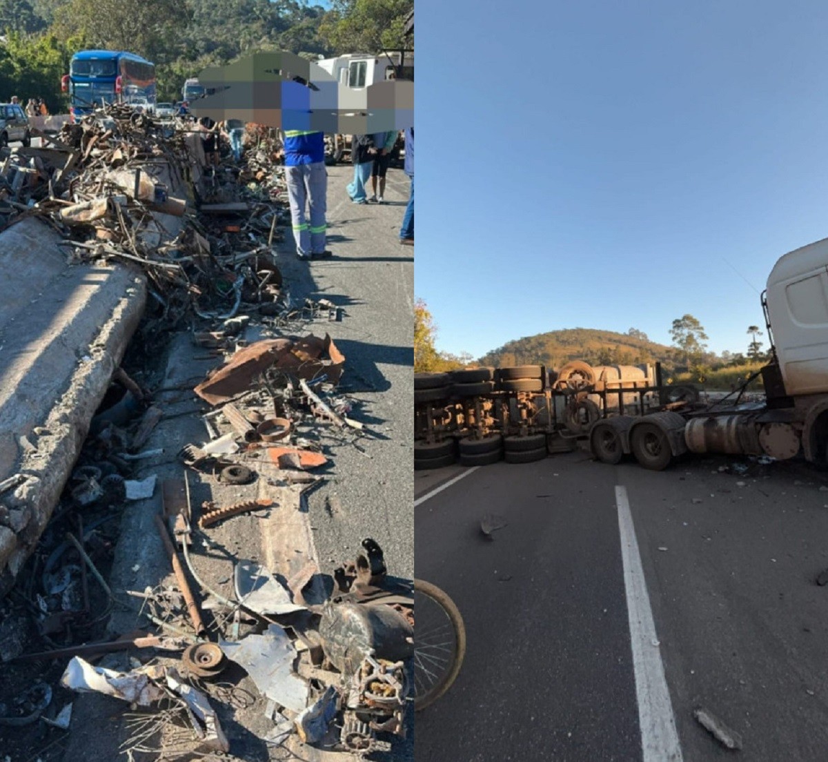 Carreta carregada com sucata tomba e interdita trânsito na BR-040, em Barbacena