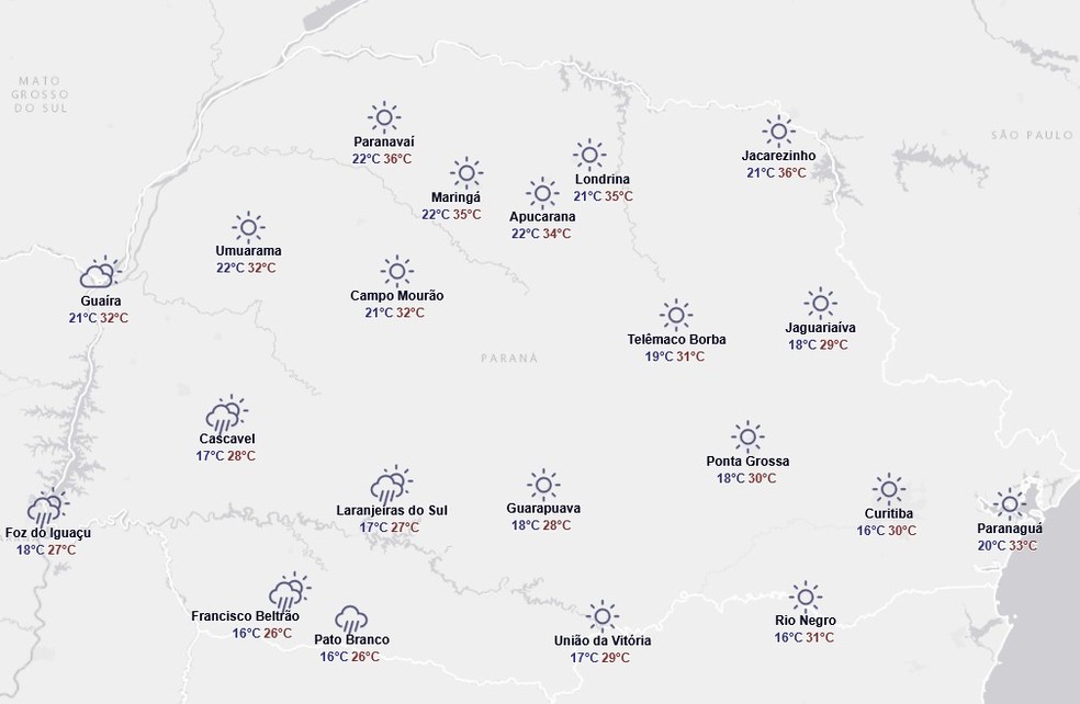 Previsão do tempo do Simepar para segunda-feira, 6 de outubro — Foto: Reprodução/Simepar