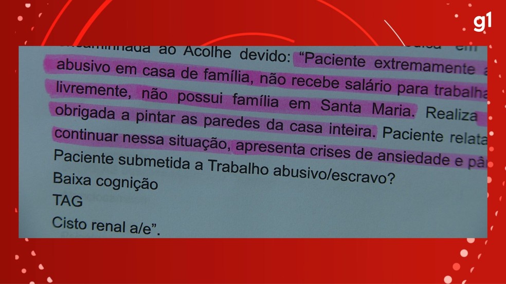 Prontuário médico trouxe relato da resgatada — Foto: Reproduçao/RBS TV