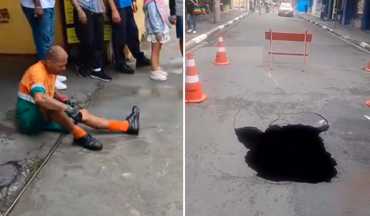 VÍDEO: Buraco se abre em rua e gari é lançado em Campinas
