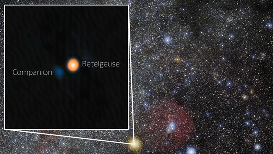 Após séculos de mistério, astrônomos descobrem estrela companheira de Betelgeuse; VEJA - Descoberta foi feita com telescópio no Havaí e pode explicar variações de brilho observadas há milênios. Objeto estava tão perto que ficou “escondido” na atmosfera da estrela supergigante vermelha.