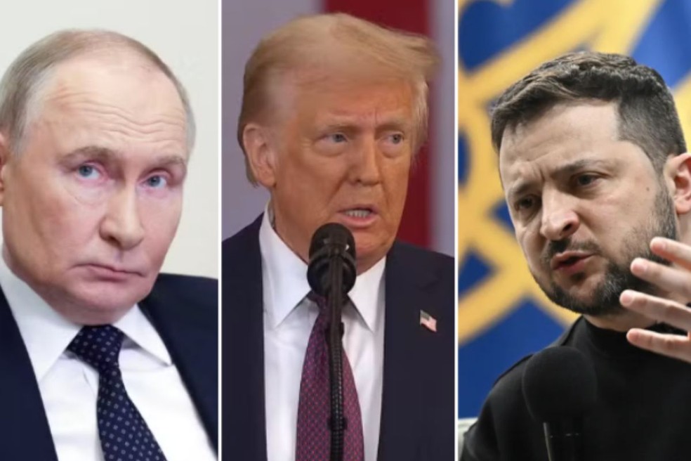 Vladimir Putin, Donald Trump e Volodymyr Zelensky. — Foto: Sputnik/Gavriil Grigorov/Pool via REUTERS, Reuters e Genya Savilov/AFP