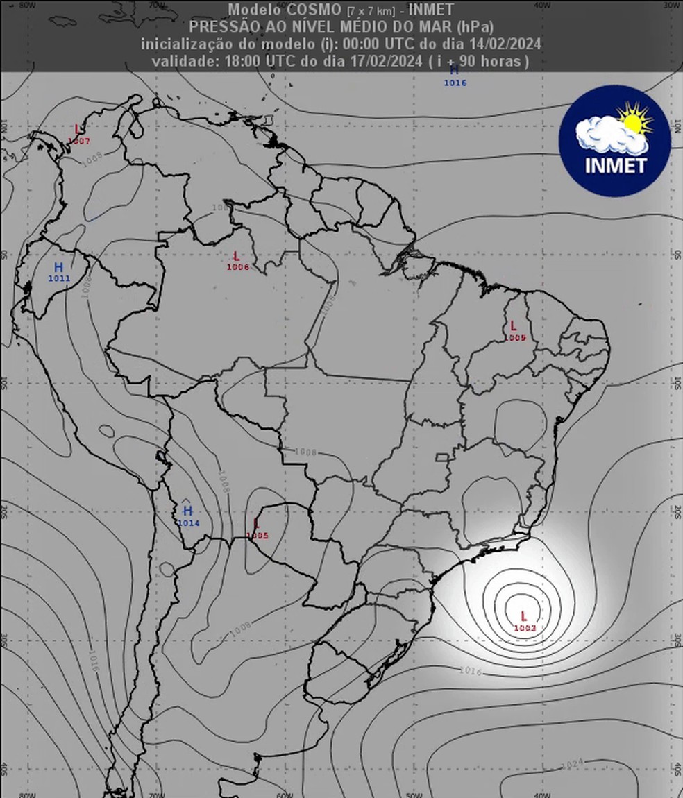 Mapa mostra deslocamento do ciclone que ganha força na costa brasileira. — Foto: INMET