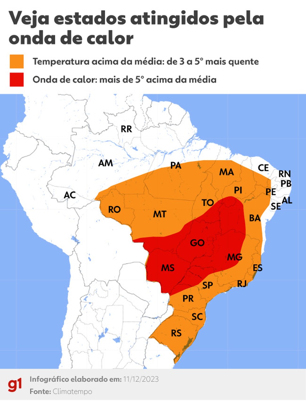 Uma nova onda de calor deve fazer subir a temperatura em pelo menos oito estados do Brasil. — Foto: Arte/g1