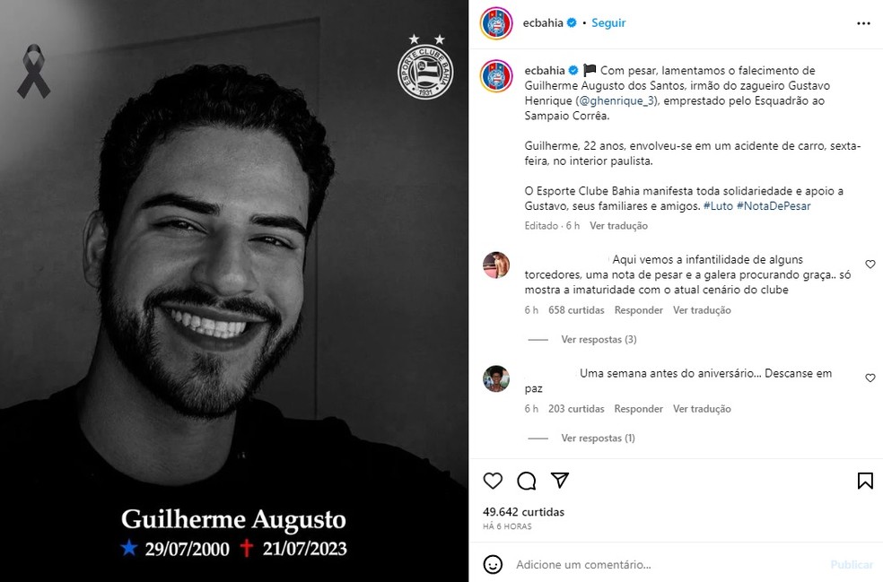 Bahia, detentor dos direitos do zagueiro Gustavo Henrique, também publicou nota de pesar sobre a morte do irmão do jogador — Foto: Instagram/Reprodução