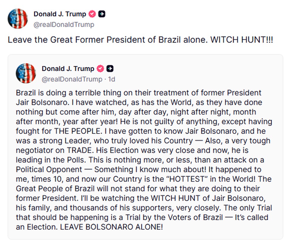 Trump volta a defender Bolsonaro nas redes sociais: 'Caça às bruxas' — Foto: Reprodução/Truth Social