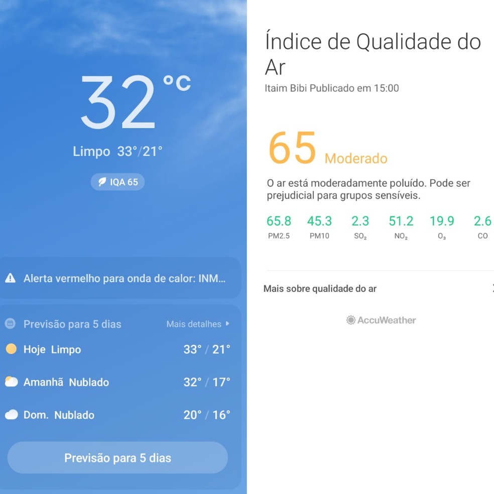 Informações de Índice de Qualidade do Ar no aplicativo 