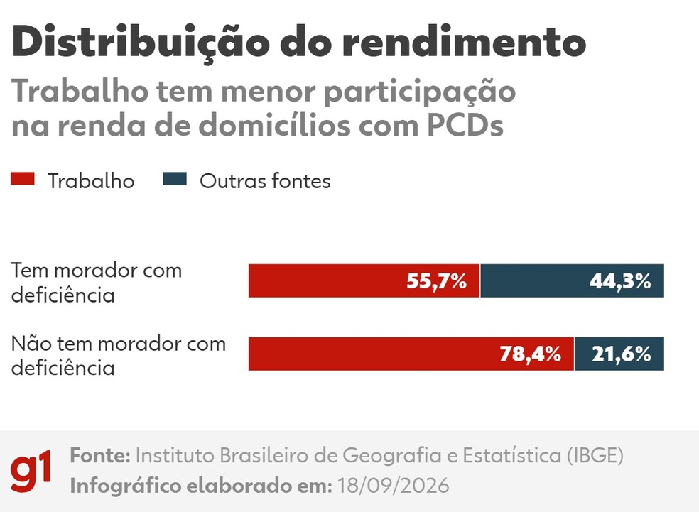 IBGE: trabalho tem menor participação na renda de domicílios com PCDs — Foto: Arte/g1