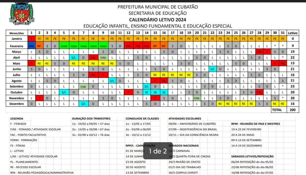 Calendário das aulas na rede municipal de ensino de Cubatão (SP) — Foto: Reprodução