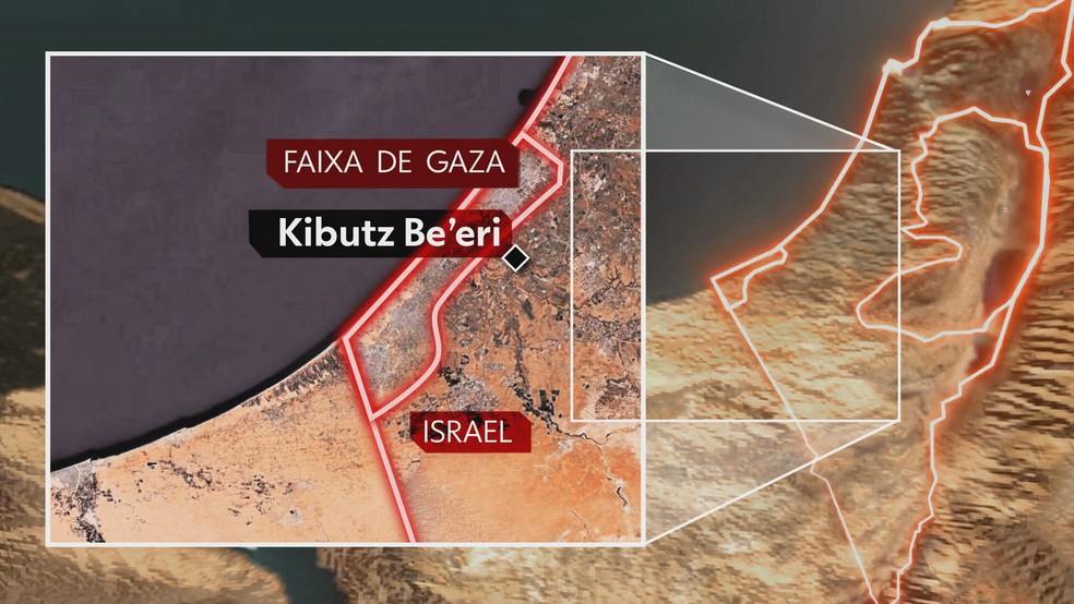 Mapa da região onde fica o Kibutz Be'eri, próximo da Faixa de Gaza — Foto: Reprodução/Jornal Hoje