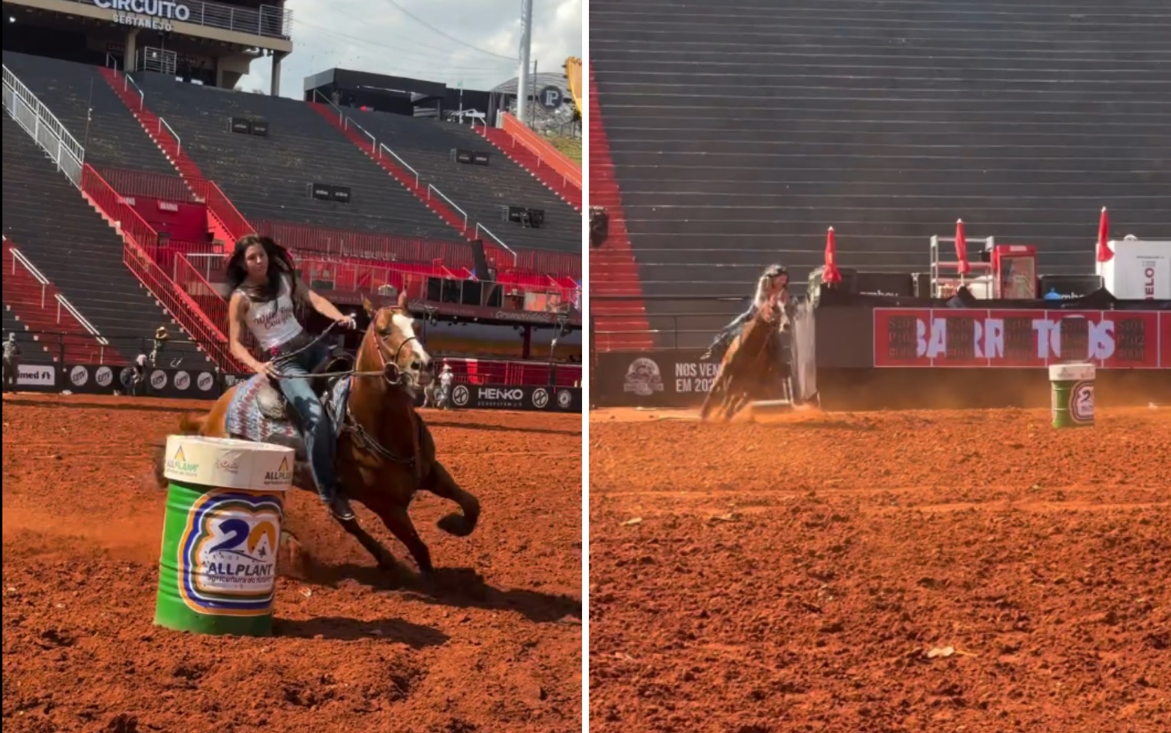 Ana Castela treina três tambores na arena sob sol forte em Barretos, SP