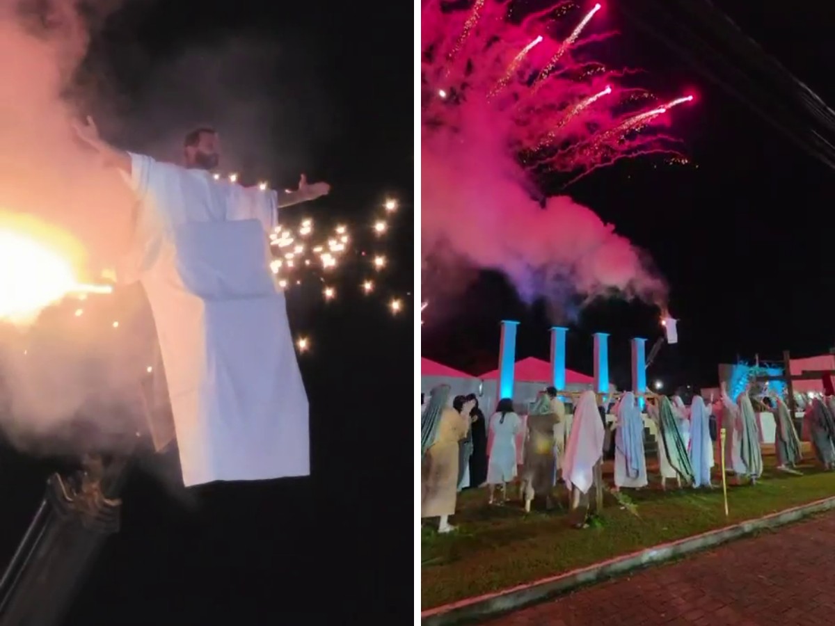 VÍDEO: figurino de Henri Castelli pega fogo durante encenação de 'A Paixão de Cristo' em Lindóia