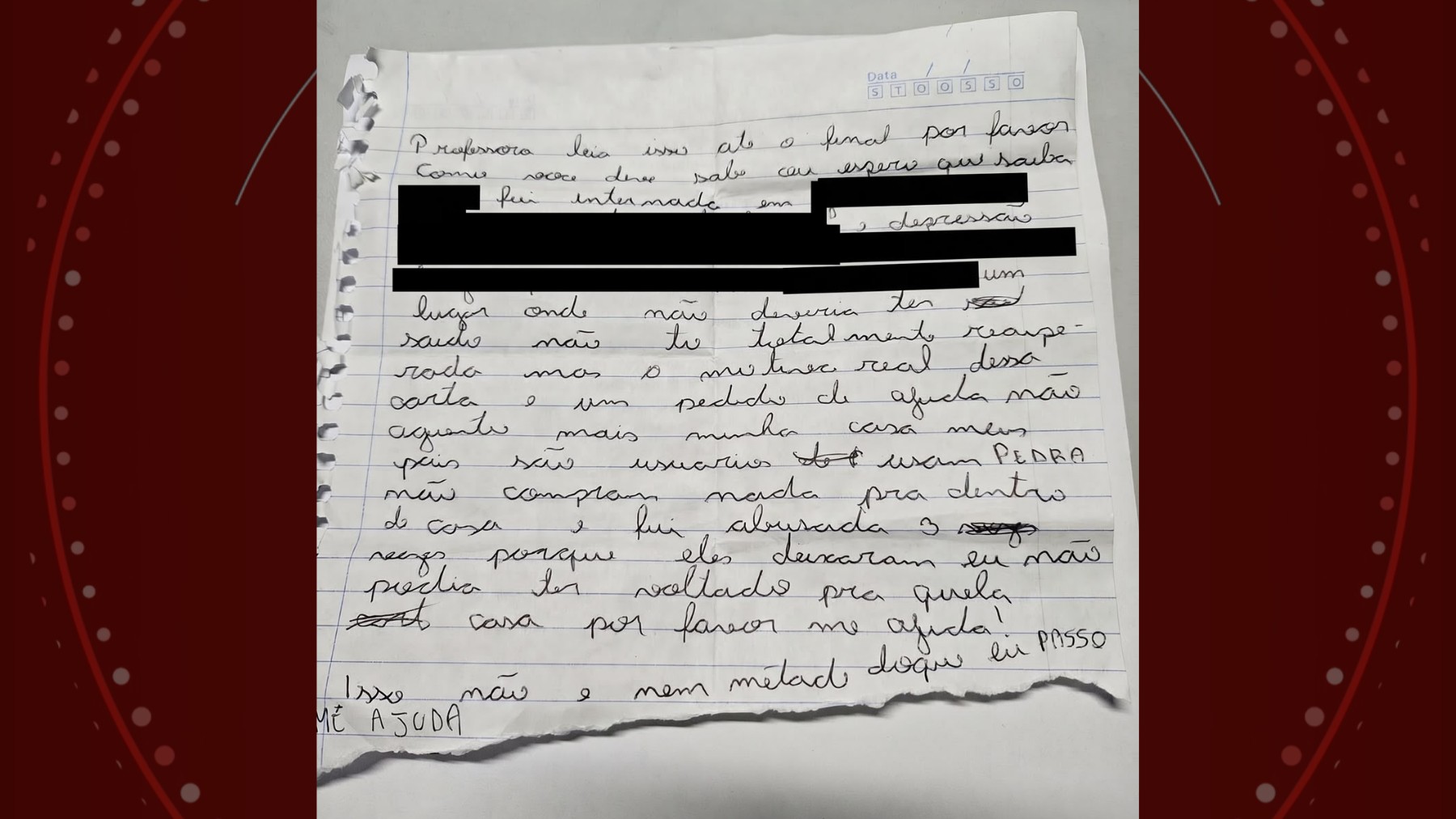 'Por favor, me ajuda': adolescente usa carta para contar à professora que pais eram pagos para permitir que tio a estuprasse, no PR