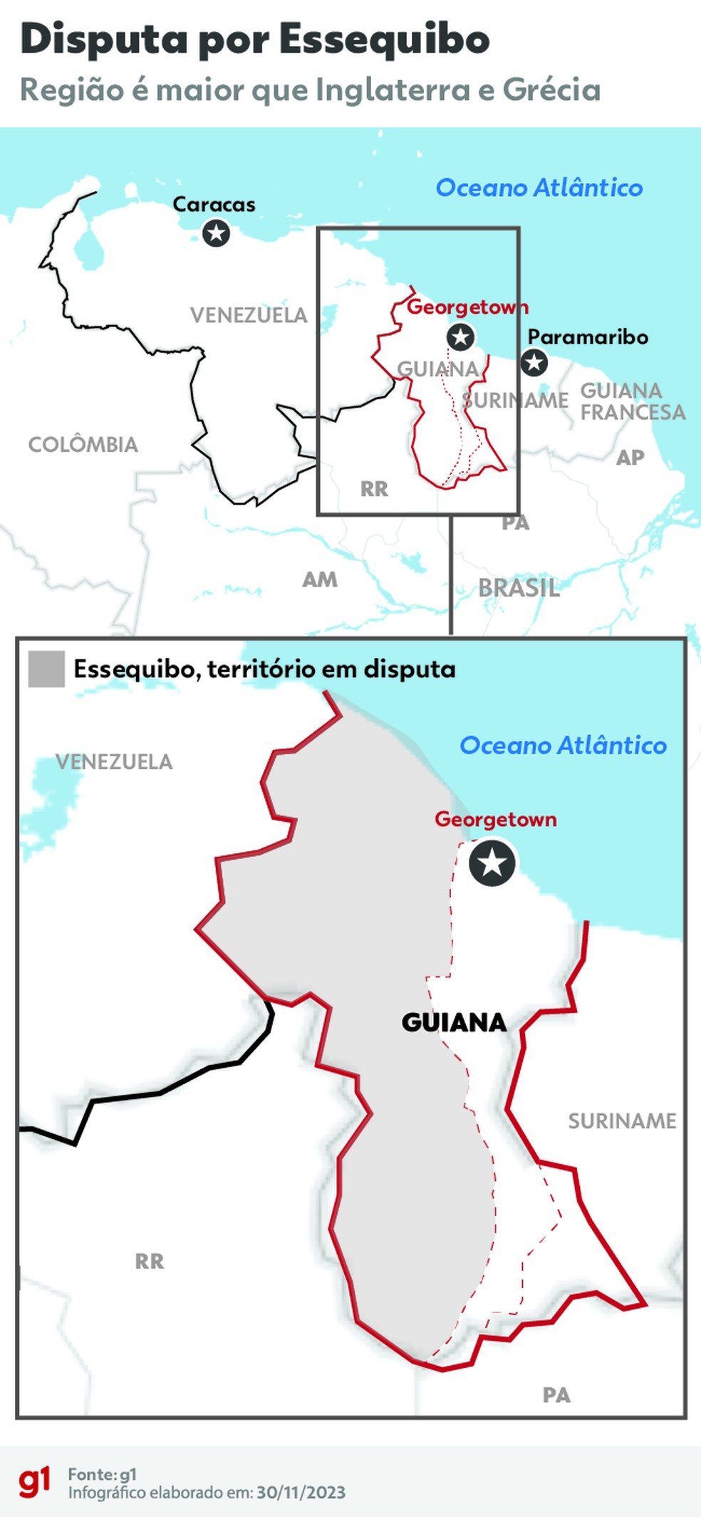 Mapa mostra a Guiana e a região de Essequibo — Foto: Vitoria Coelho/g1
