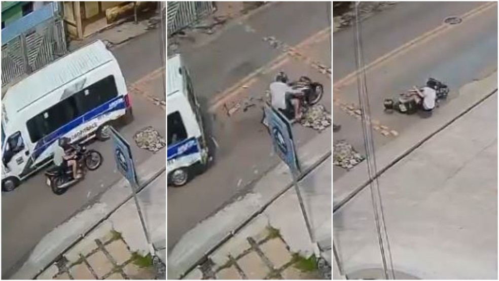 Motociclista perde o controle e bate violentamente a cabeça em uma calçada após ser atingido por topique em São Benedito. — Foto: Reprodução