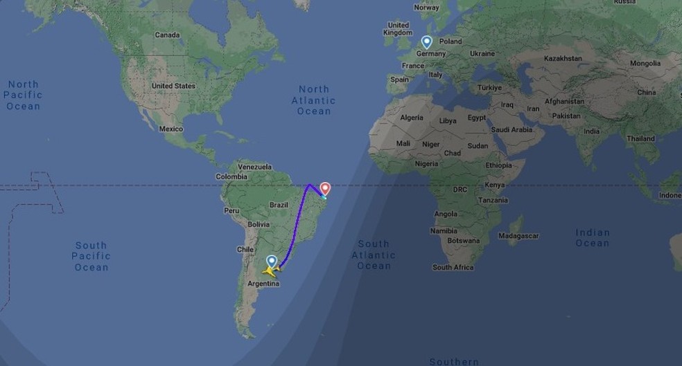 Voo que seguia de Buenos Aires para Frankfurt desviou rota para Natal por causa de emerg&ecirc;ncia m&eacute;dica &mdash; Foto: Flightradar24/Reprodu&ccedil;&atilde;o