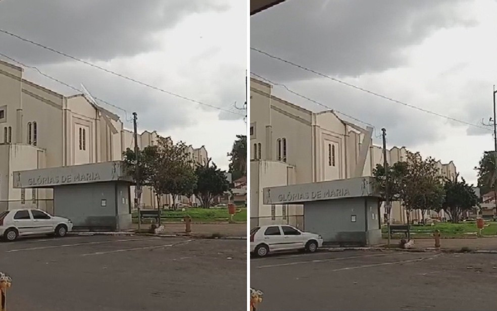 Temporal derruba telhado de igreja no Setor Campinas, em Goiânia — Foto: Reprodução/TV Anhanguera