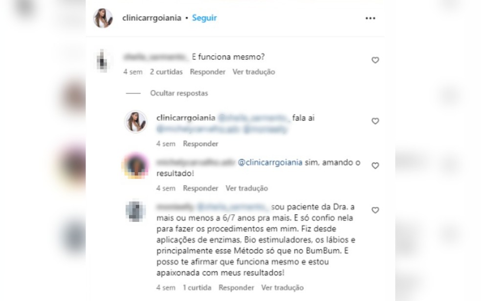 Comentário na internet elogia trabalho de mulher que fingia ser médica e fazia procedimentos estéticos, em Goiânia, Goiás — Foto: Reprodução/Redes Sociais