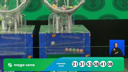 Mega-Sena, concurso 2.909: resultado - Veja os números sorteados: 08 - 21 - 31 - 41 - 53 - 58. Prêmio é de R$ 13.126.058,44.
