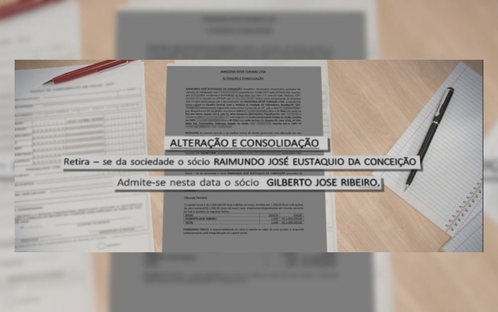 Documento mostra alteração societária da empresa Amazônia Inter, com a retirada de Raimundo José Eustáquio da Conceição e a inclusão de Gilberto José Ribeiro como sócio — Foto: Reprodução/TV Anhanguera