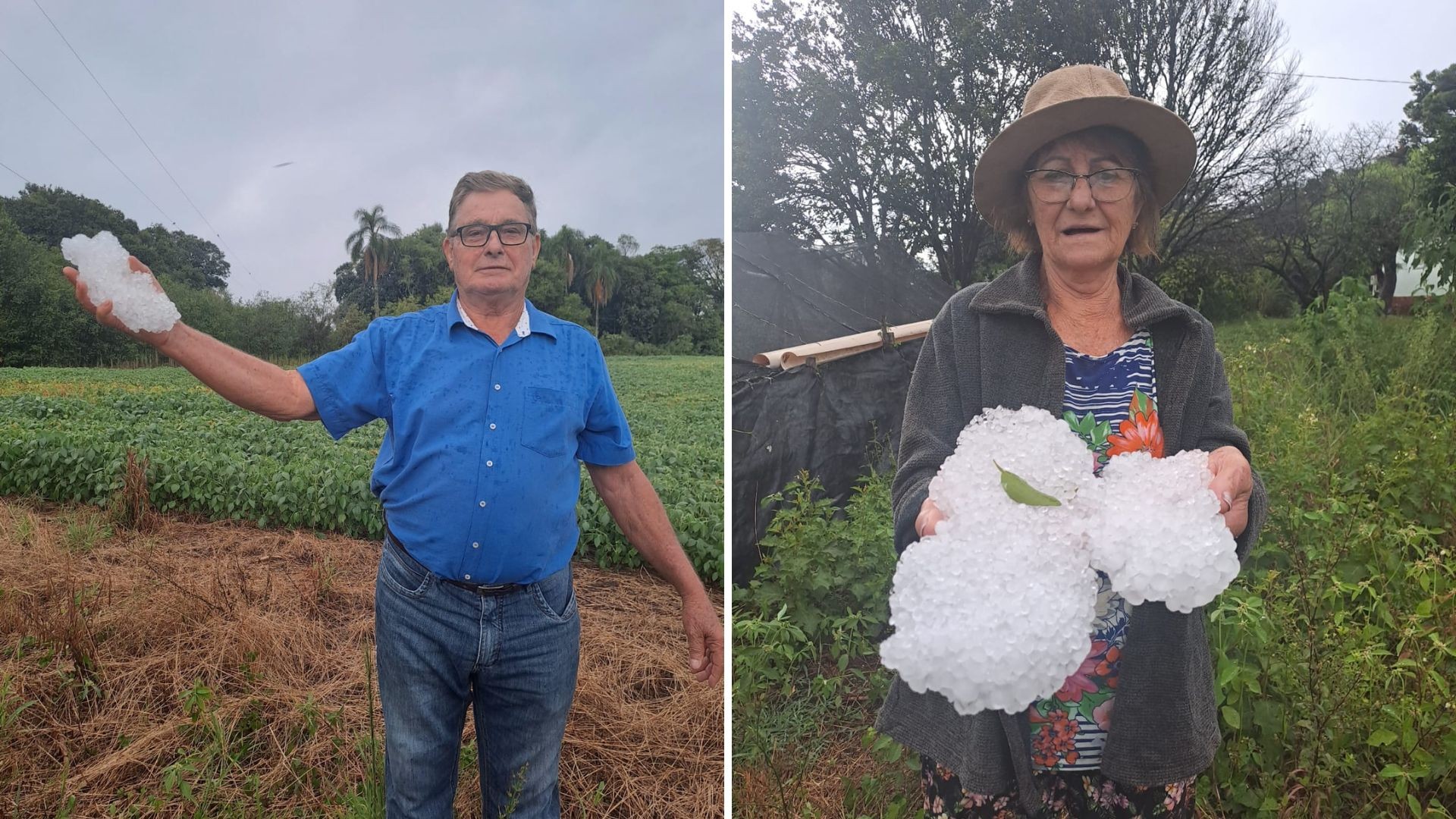 Morador registra bloco gigante de granizo acumulado em propriedade no RS, mas comemora: 'nada de estrago'