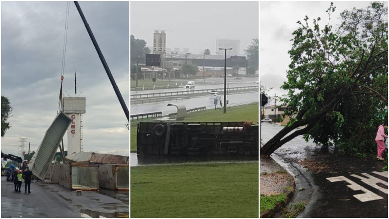 VÍDEO: chuva com ventos de 70 km/h derruba contêineres, caminhão e árvores no interior de SP