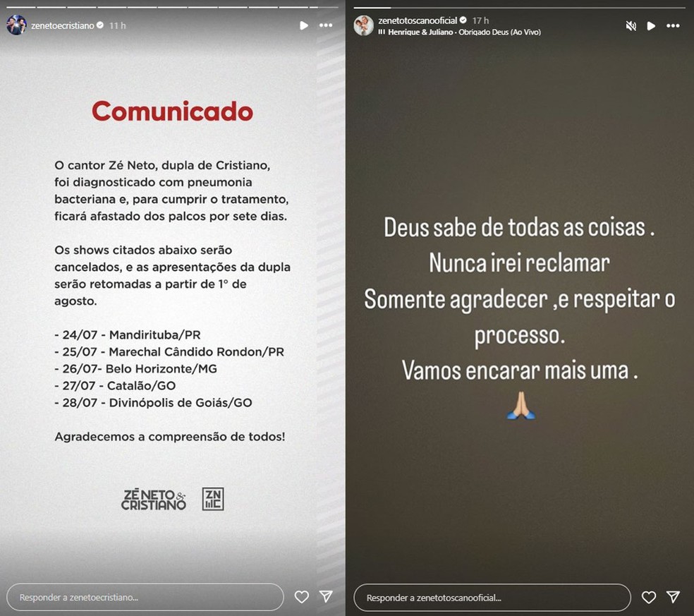 Zé Neto, dupla de Cristiano, é diagnosticado com pneumonia — Foto: Reprodução/Instagram