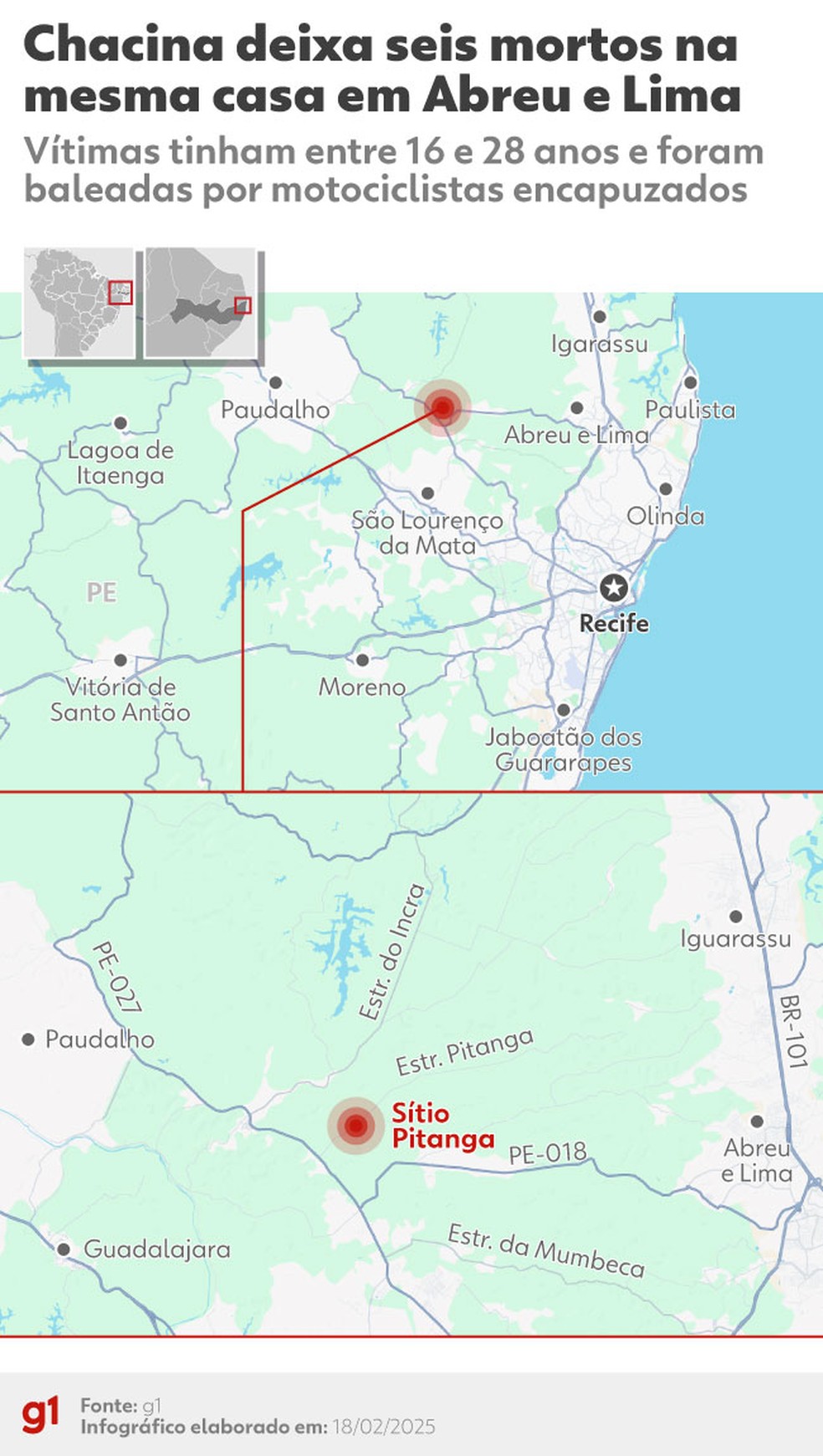 Mapa mostra o local onde aconteceu a chacina que deixou seis homens mortos em Abreu e Lima, no Grande Recife — Foto: Arte/g1