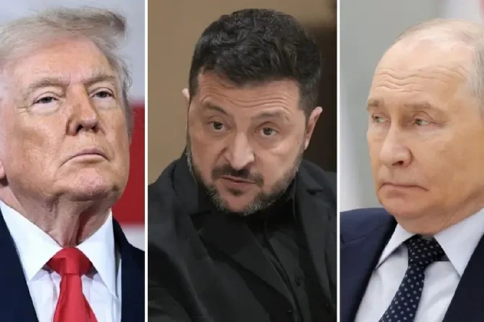 Donald Trump, Volodymyr Zelensky e Vladimir Putin — Foto: BBC