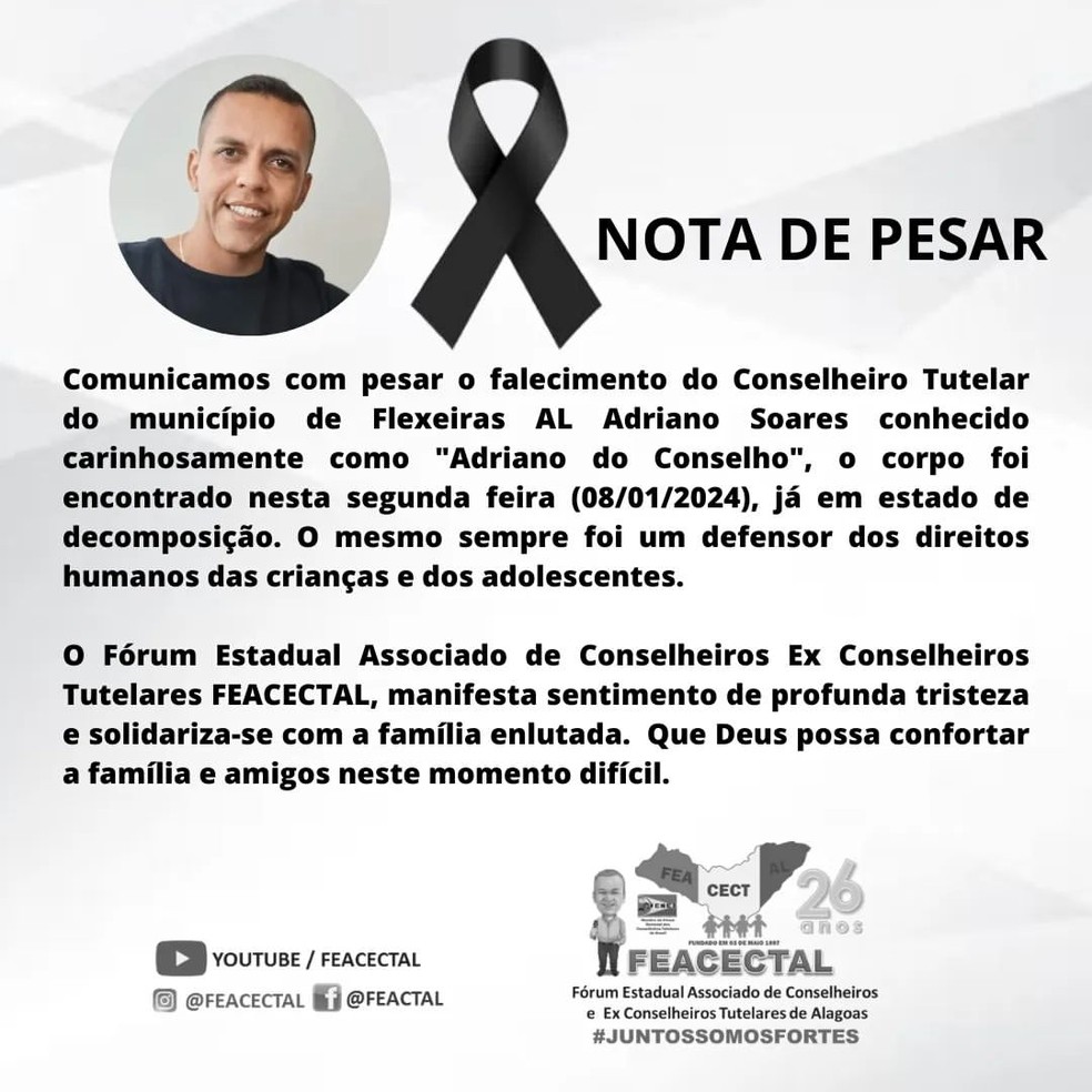Fórum Estadual Associado de Conselheiros Tutelares de Alagoas lamenta morte de conselheiro tutelar de Flexeiras — Foto: FEACECTAL