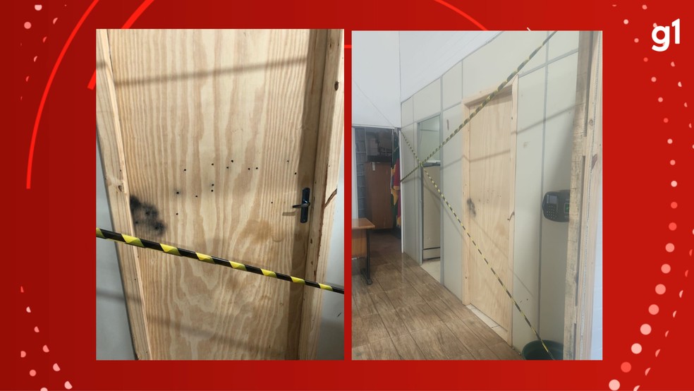 Marcas de tiros na porta do gabinete da Prefeitura de Lajeado do Bugre — Foto: Polícia Civil/Divulgação