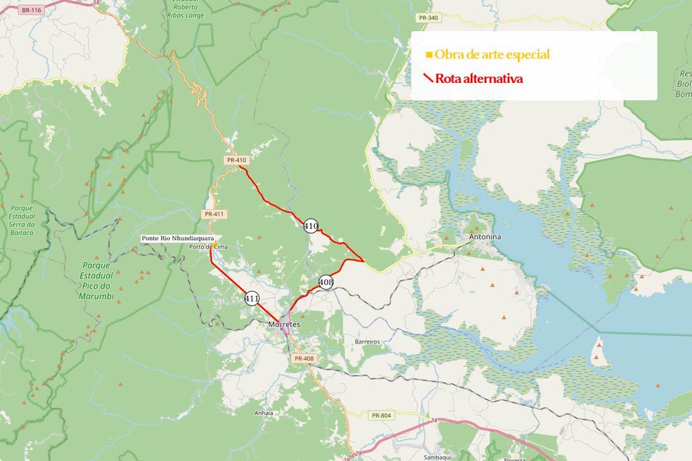 Sugestão de rotas alternativas para evitar passar pela ponte de Morretes — Foto: DER